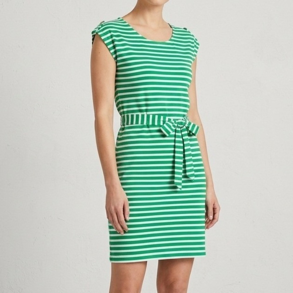 Talbots Striped Dress Women M Green White Belted Sleeveless Cotton Modal Stretch